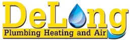 DeLong Plumbing Heating and Air logo in yellow and blue with a water droplet