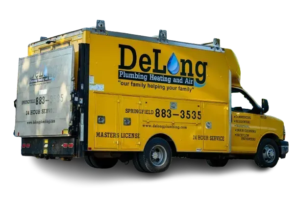Yellow DeLong heating and cooling service truck with company logo and phone number on the side