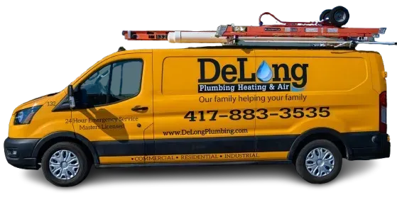 Yellow DeLong plumbing van with roof ladder, company logo, and phone number 417-883-3535