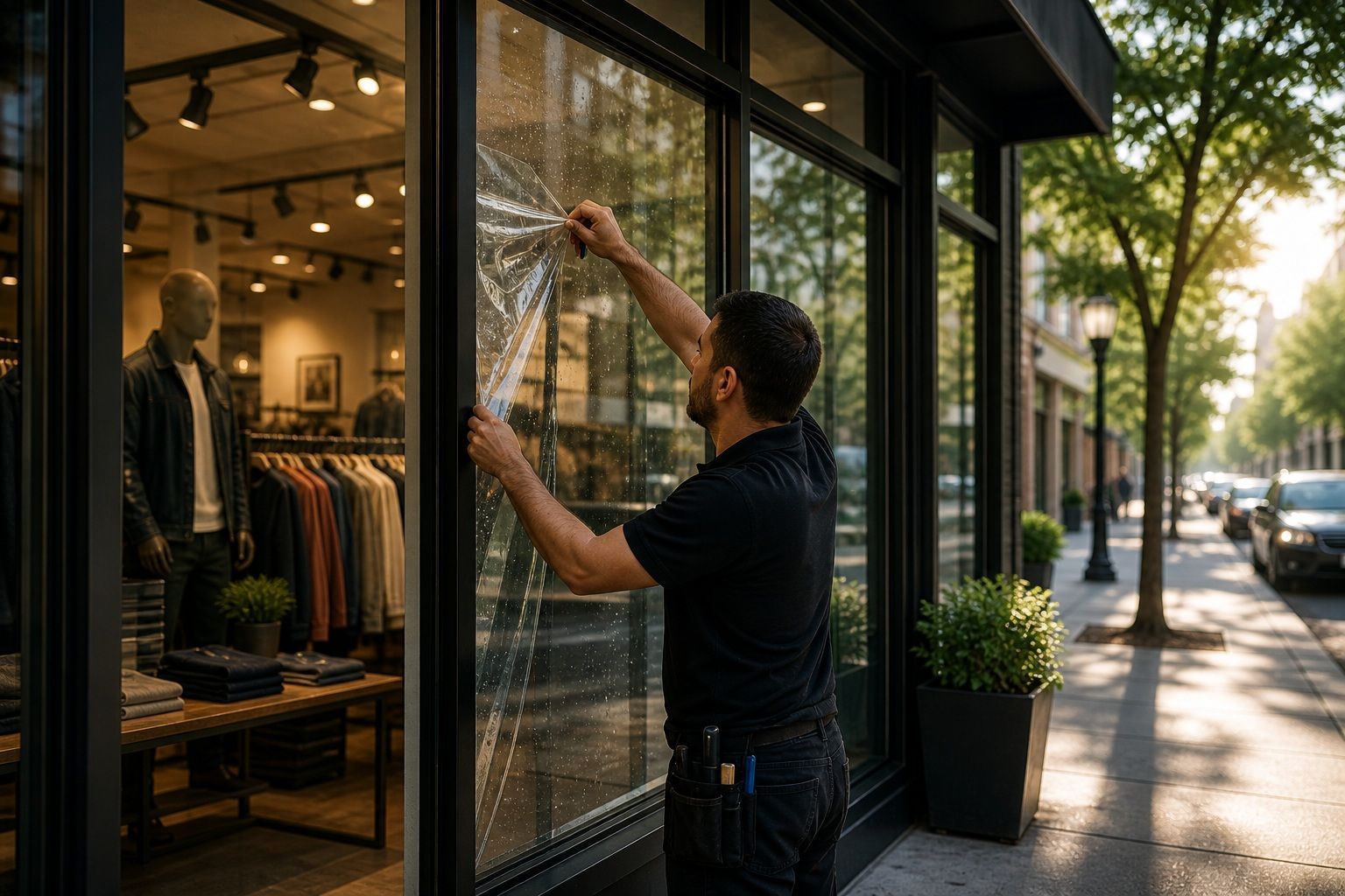 retail glass protected with film