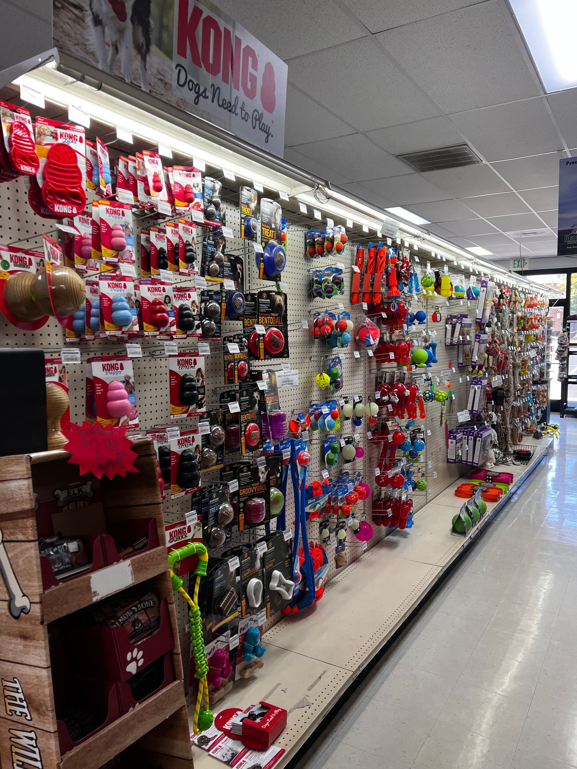 Animal House Pet & Supplies aisle with rows of colorful dog toys and pet supplies on hanging displays