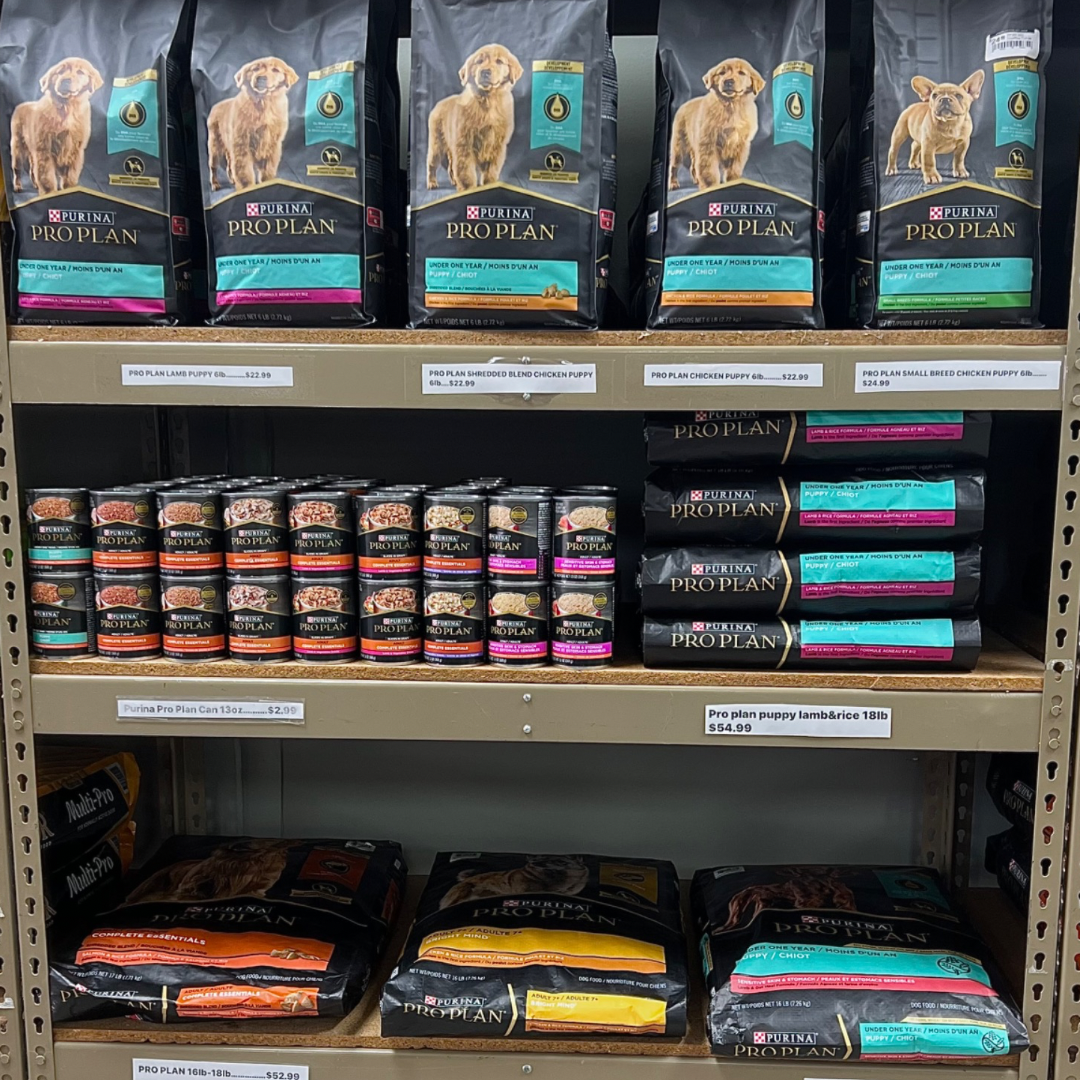 Animal House Pet & Supplies shelf stocked with colorful pet food bags and cans in a retail aisle