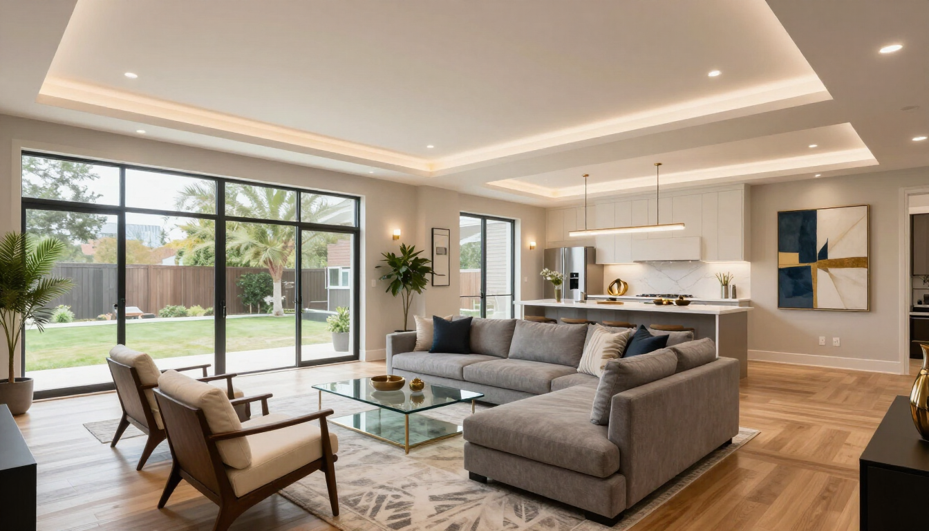 A beautiful luxury finished basement featuring an open-concept living area and modern design.