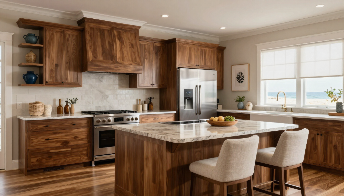 A modern luxury kitchen showcasing 2026 design trends with warm wood and smart tech.