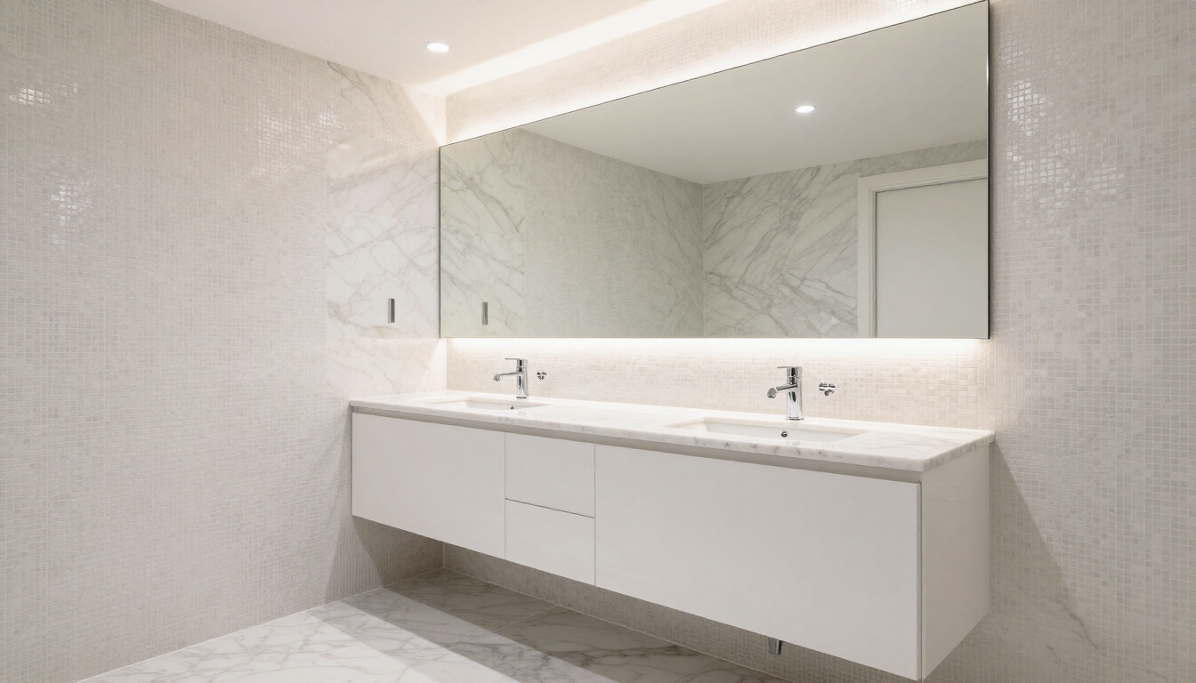 A modern luxury small bathroom with a floating vanity and marble tiles.