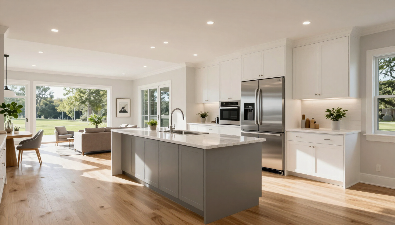 A bright and spacious open-concept kitchen in a luxury Southern Maryland home.