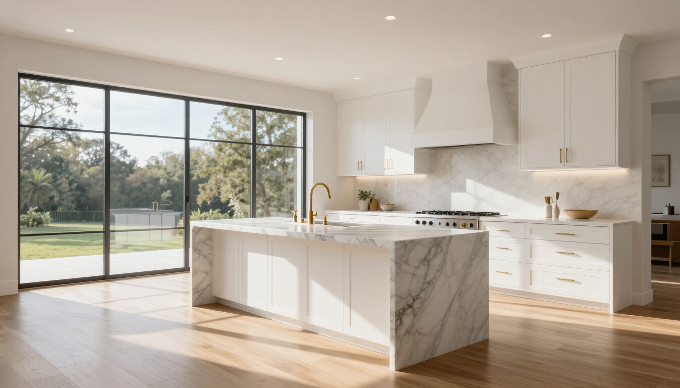 A stunning luxury kitchen with modern white cabinetry and a large marble island.