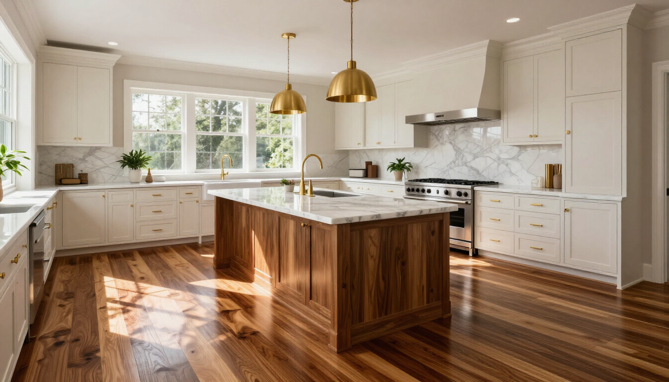 Luxury kitchen flooring comparison between hardwood and vinyl plank in Southern Maryland.
