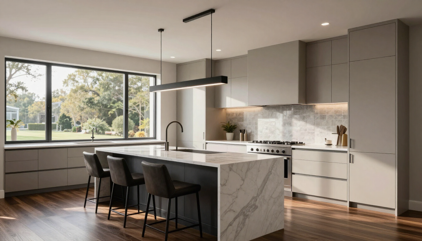 Modern kitchen cabinets with various color samples and design consultation materials.