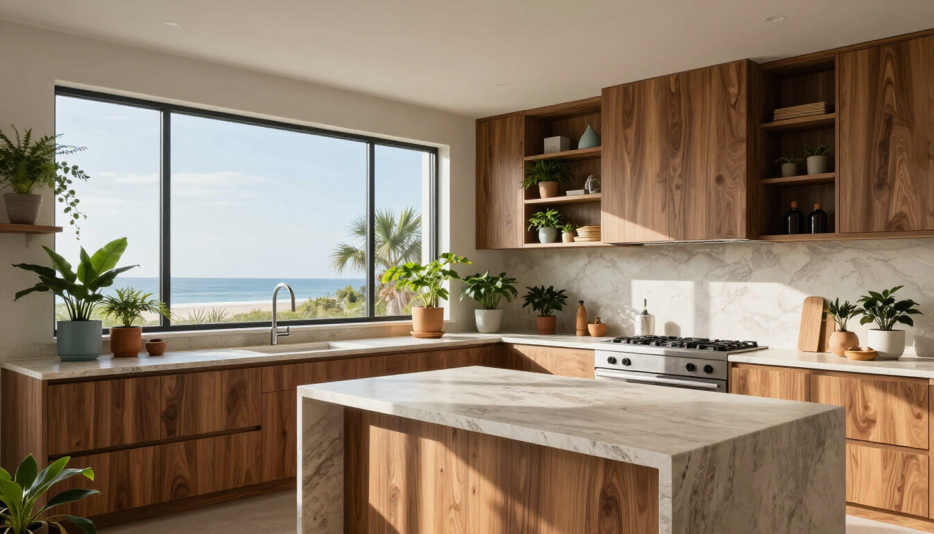 Luxury biophilic kitchen design featuring natural wood and greenery in Dunkirk MD.