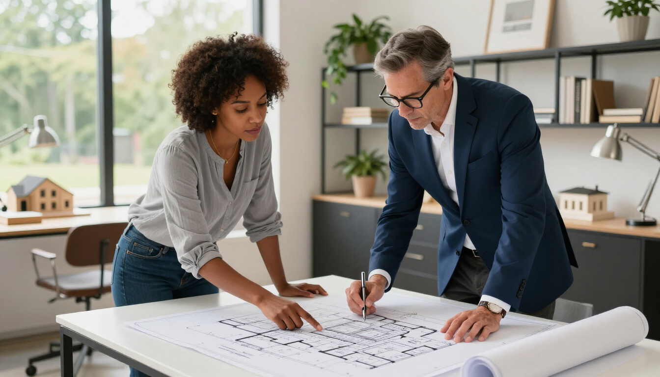 Homeowner and designer planning renovation