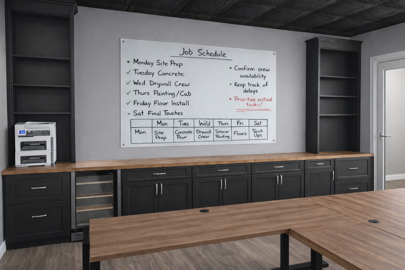 Office with built-in dark cabinets, white board with schedule, and a large wooden table.