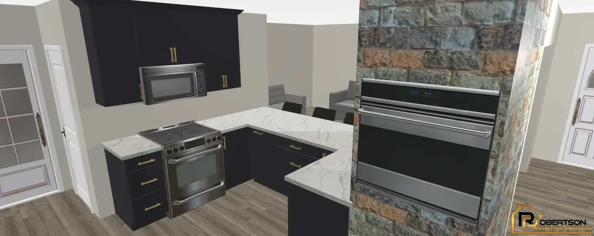 Kitchen interior with black cabinets, stainless steel appliances, and a stone wall oven.