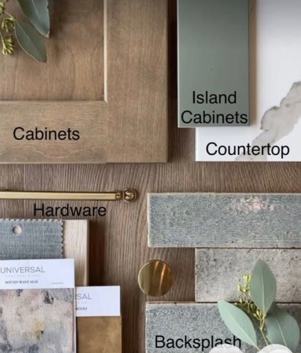 Kitchen design inspiration board: wood cabinets, island cabinets, countertop, hardware, grey backsplash, fabric swatches.
