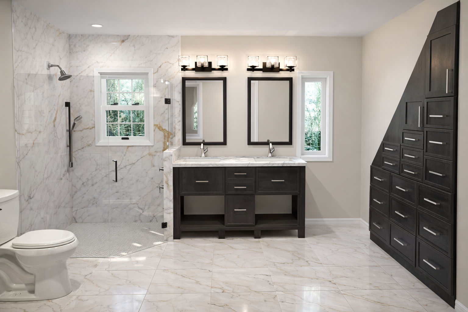 Modern bathroom with marble shower, double vanity, and angled storage cabinets.