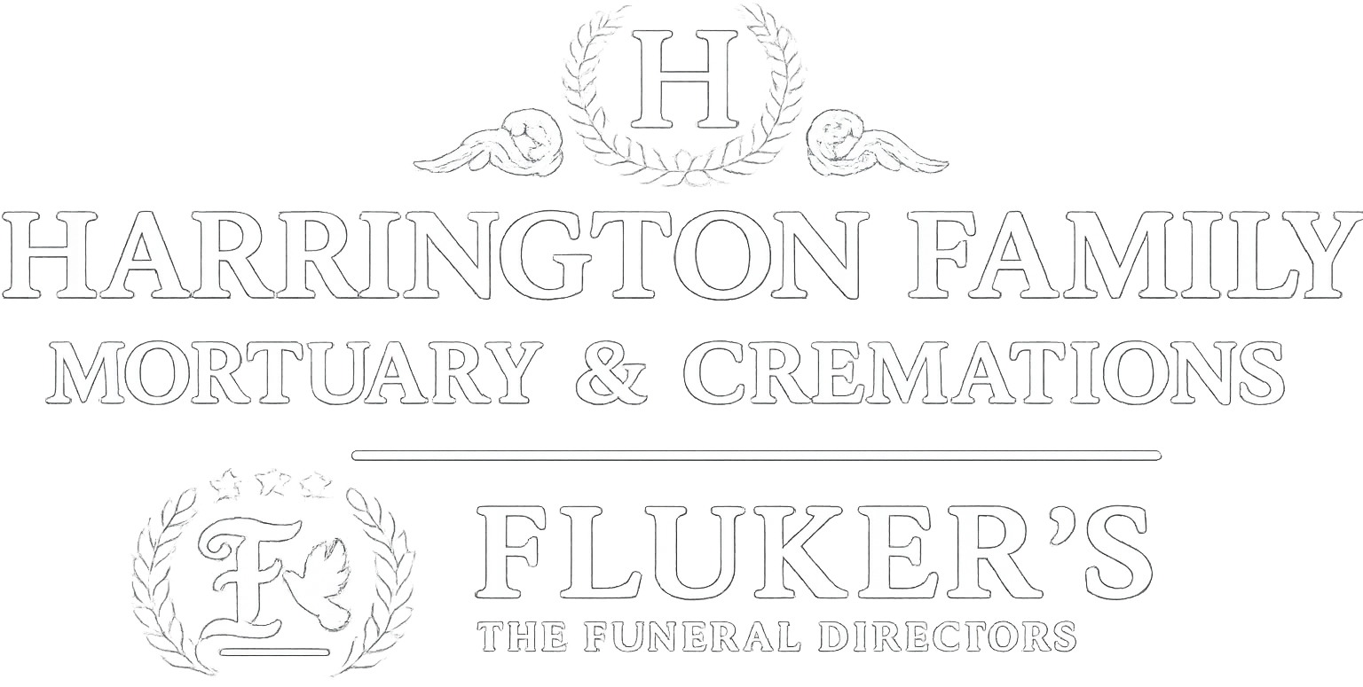 Logos for Harrington Family Mortuary & Cremation and Tucker&rsquo;s, The Florist, black-and-white.