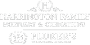 Logos for Harrington Family Mortuary & Cremation and Tucker&rsquo;s, The Florist, black-and-white.