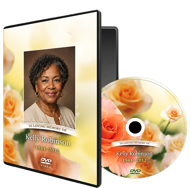 Memorial DVD case and disc with a portrait, roses, and the name Kelly Robinson.