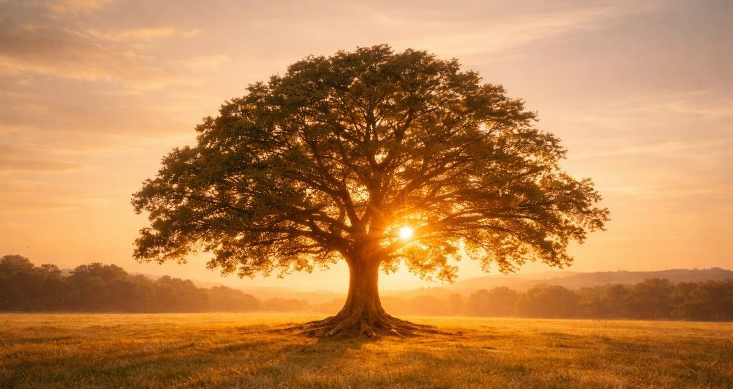 A soft-focus image of a mature tree in a golden field at sunset, symbolizing strength and guidance, reflecting the trusted care of funeral homes Hayden, ID
