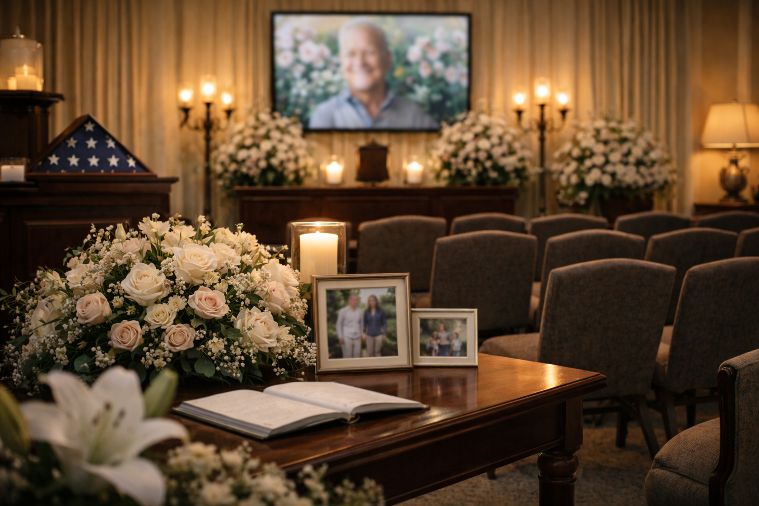 Memorial service with floral tribute and candles in Hayden, ID