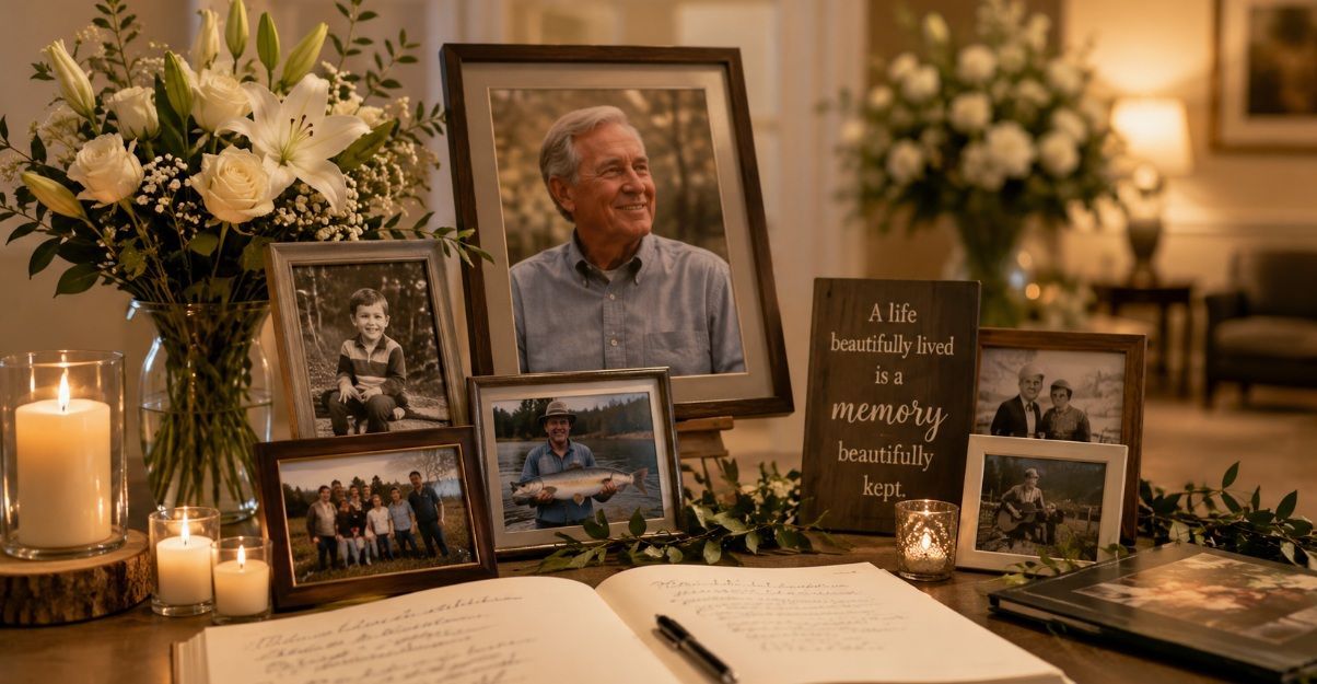 framed photos, candles, and flowers honoring a loved one at funeral homes Hayden, ID.