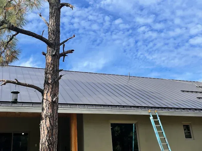 A dark gray metal roof on a house, a tall tree in front of it, blue sky with clouds.