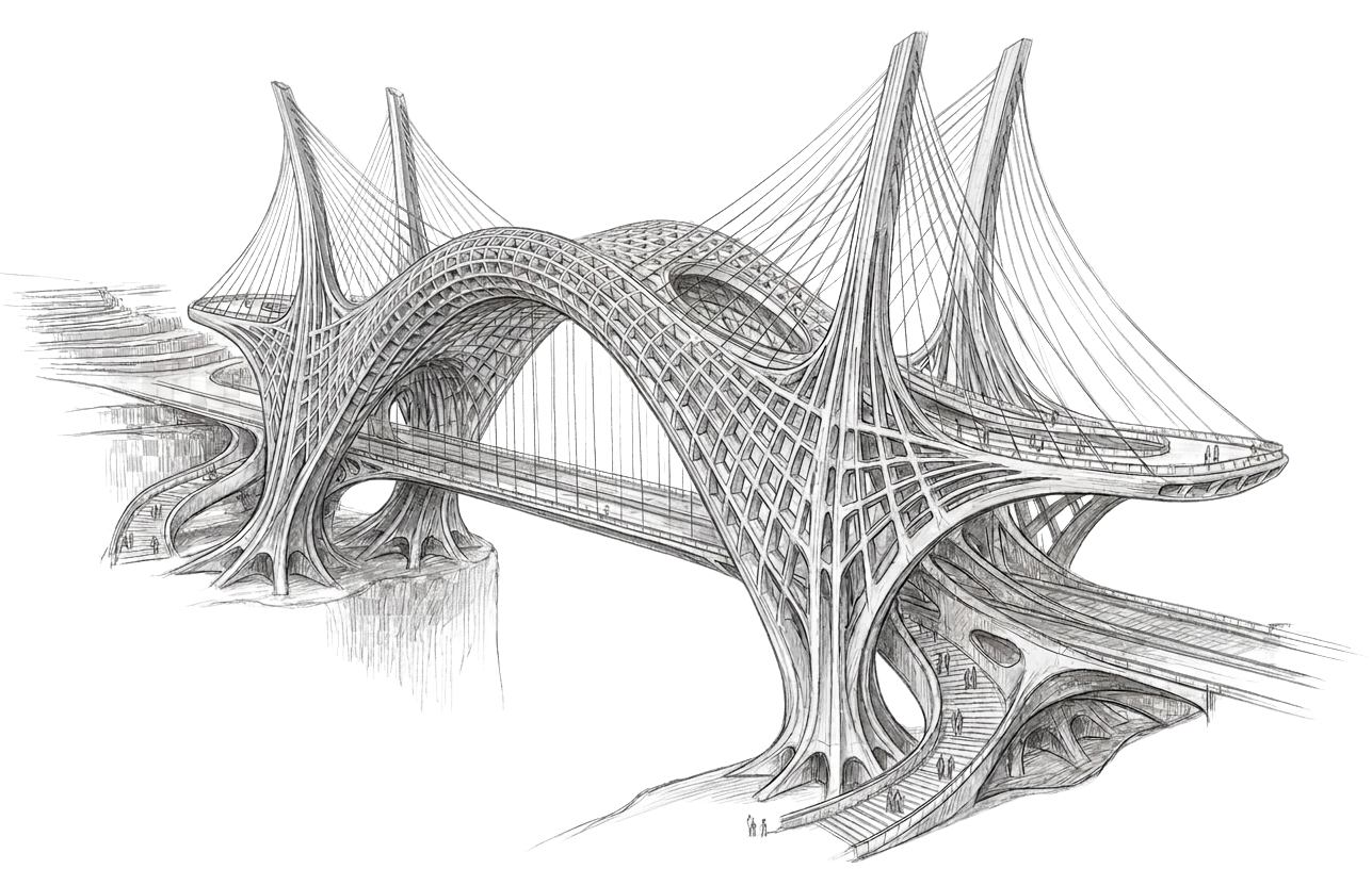 A pencil sketch of a modern, curved architectural structure featuring a reflection pool and a mountainous landscape.