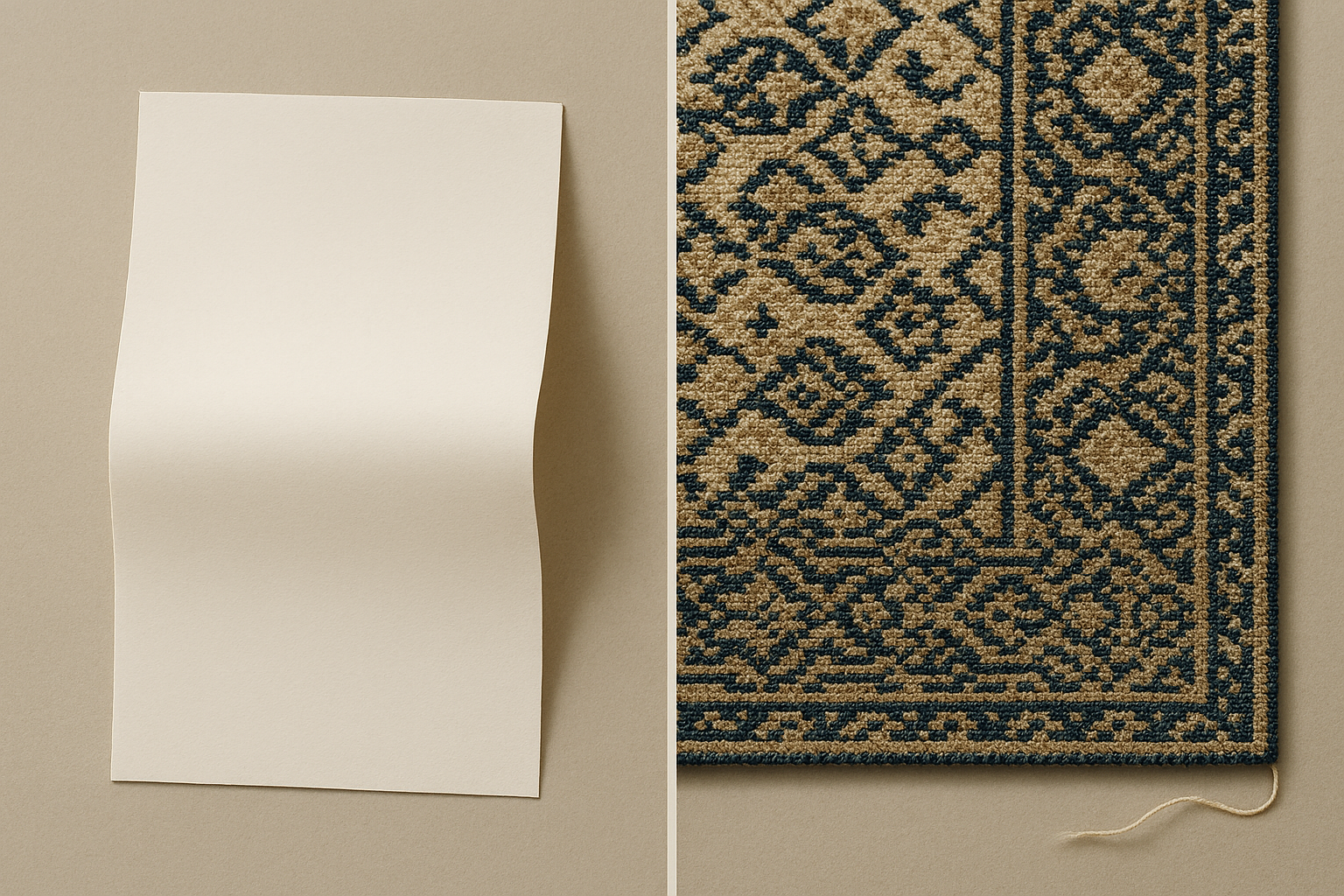 Confronto affiancato tra un foglio di carta bianco sporco piegato e un tappeto con una trama a motivi geometrici blu scuro.
