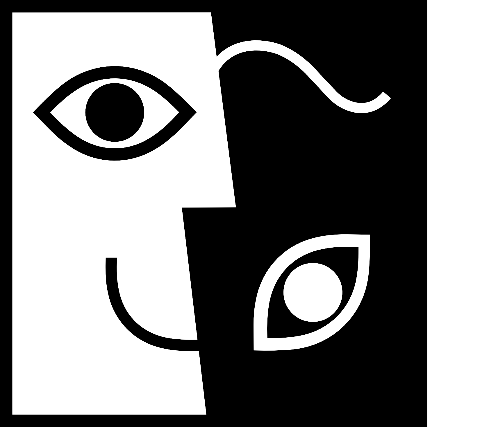 A graphic design of a split face: a white profile on the left and a black face on the right, featuring inverted eye colors.