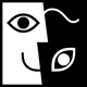A graphic split-face design featuring a black eye on a white background and a white eye on a black background.