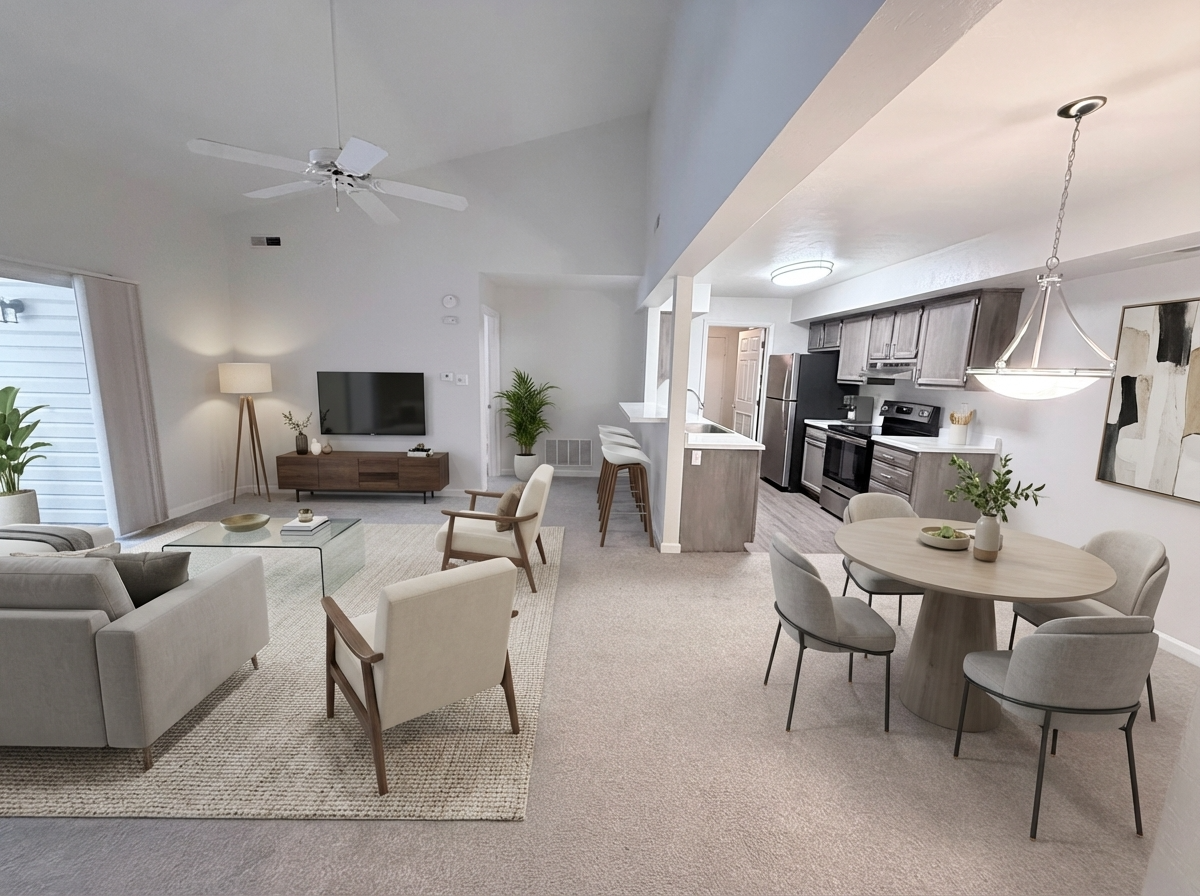 open floor plan living room, dining room, kitchen  