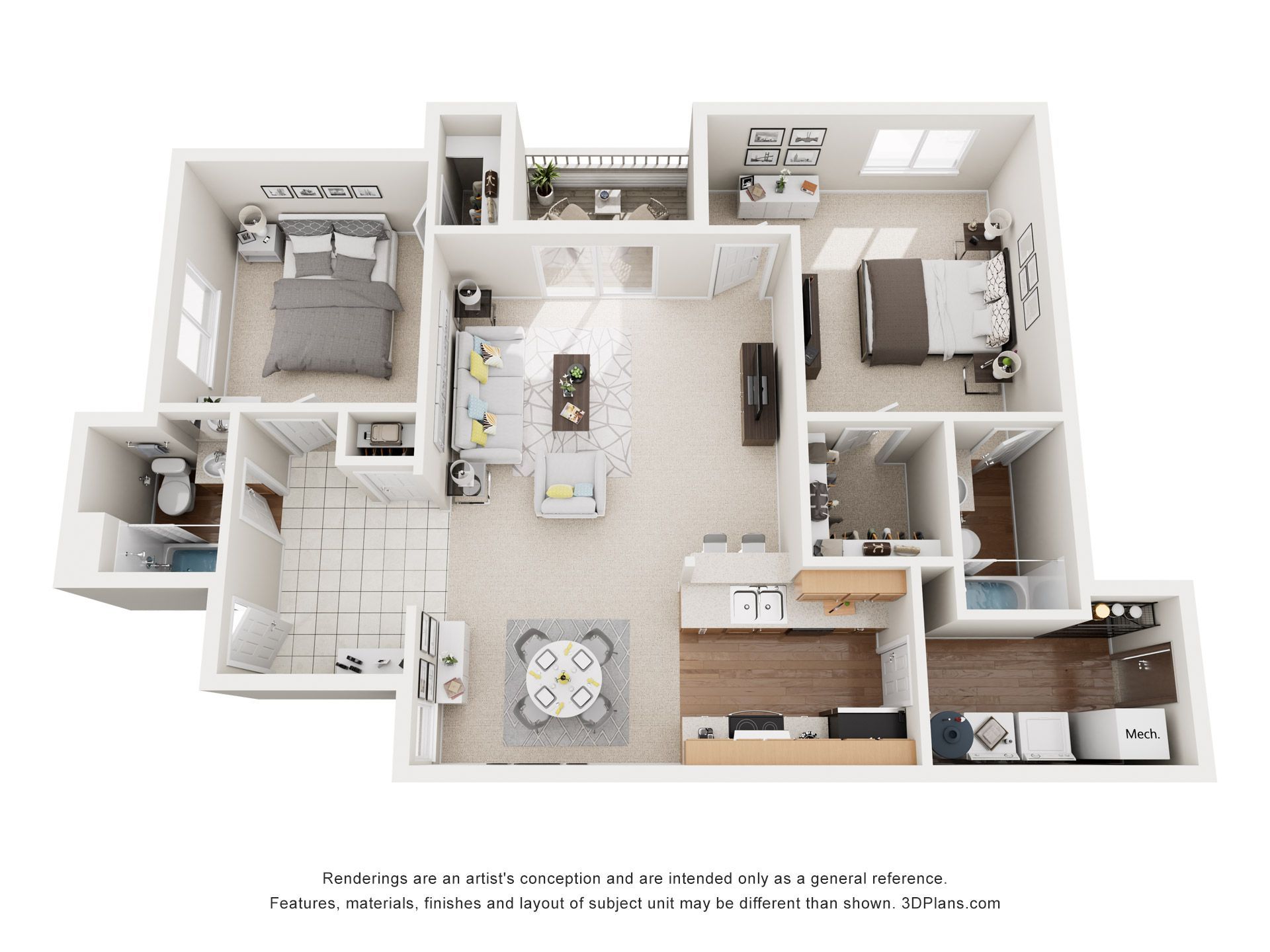 Floor plan of a two-bedroom apartment. Includes bedrooms, bathrooms, kitchen, living room, and dining area.