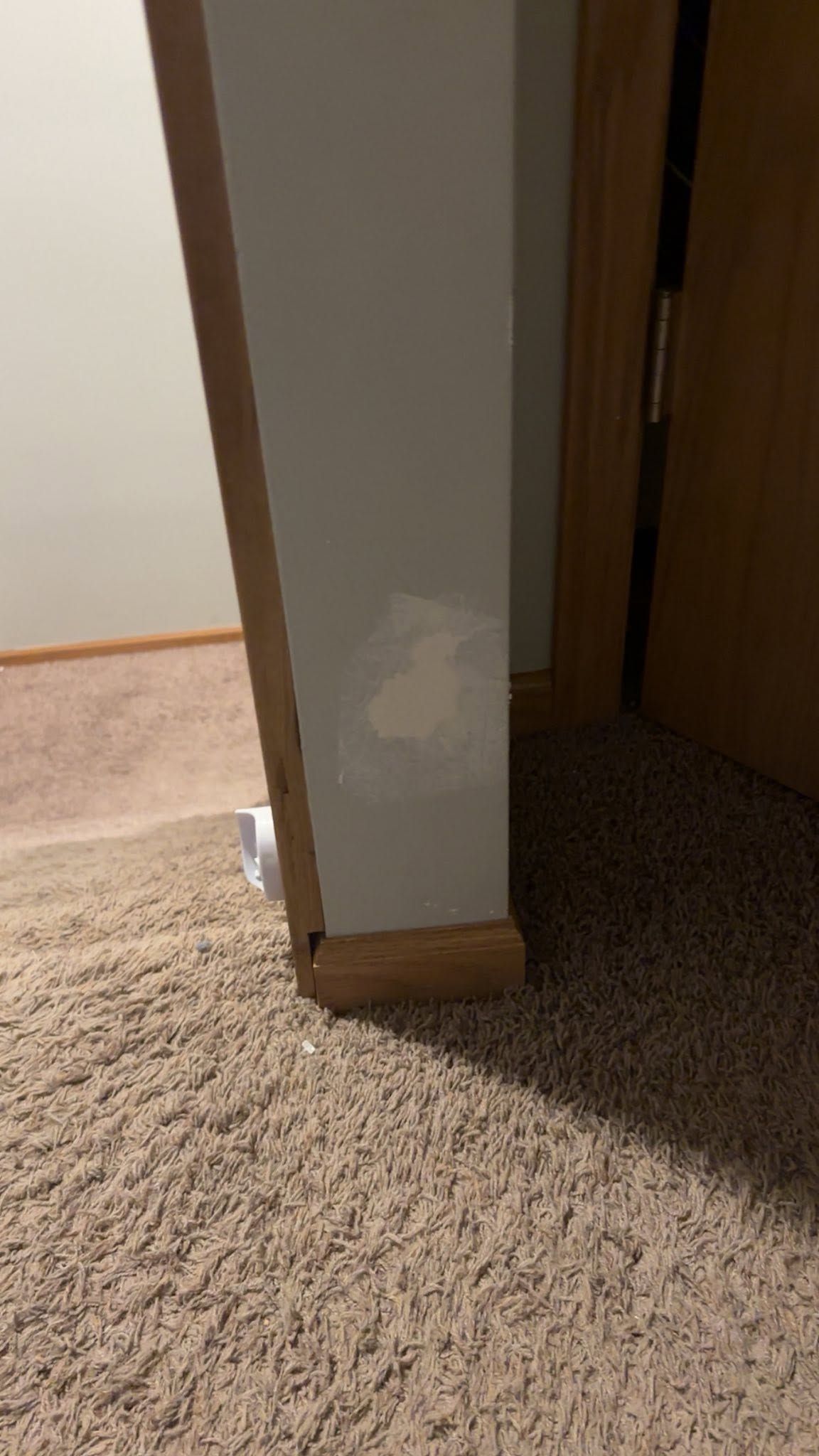Hallway corner with a chipped gray wall, tan carpet, and open wooden door.