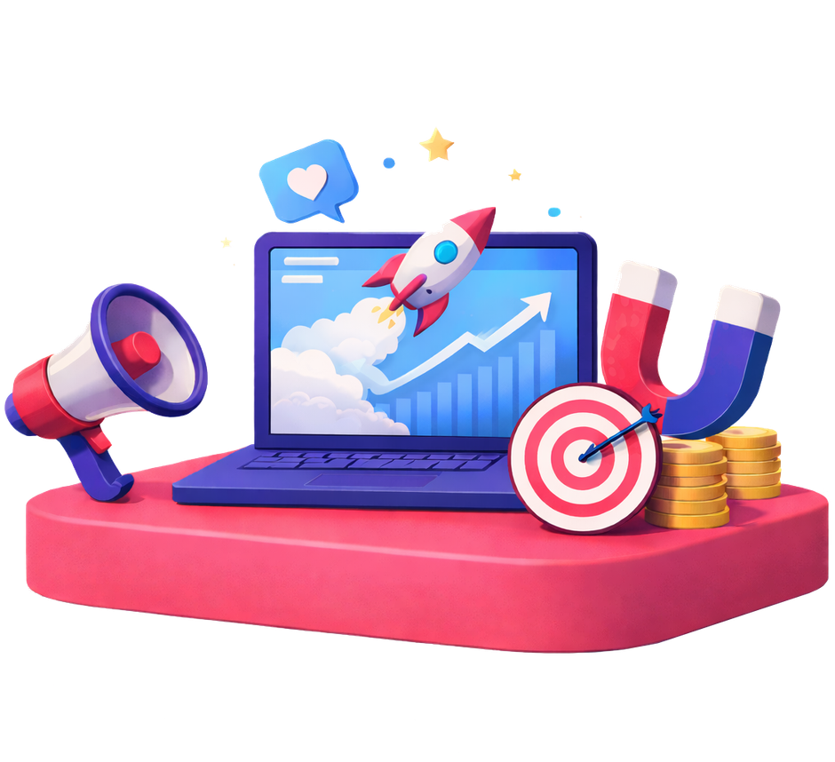 Laptop with a rocket launching, target, megaphone, and magnet on a pink platform, representing marketing and growth.