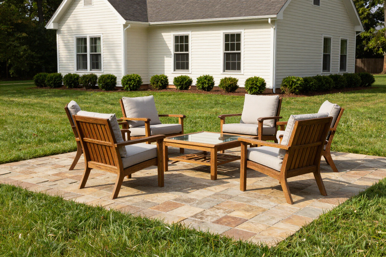 Outdoor wooden chair set around a small table on a stone patio in a grassy backyard.