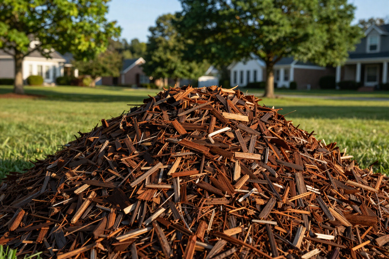 A pile of brown mulch in a grassy suburban yard with houses in the background