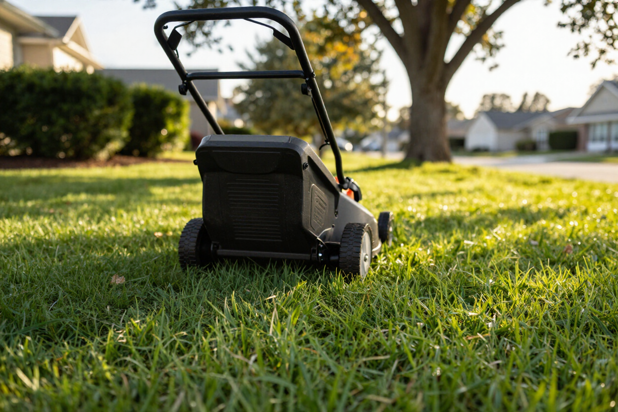 Push lawn mower on sunlit grass in a suburban yard Push lawn mower on sunlit grass in a suburban yard