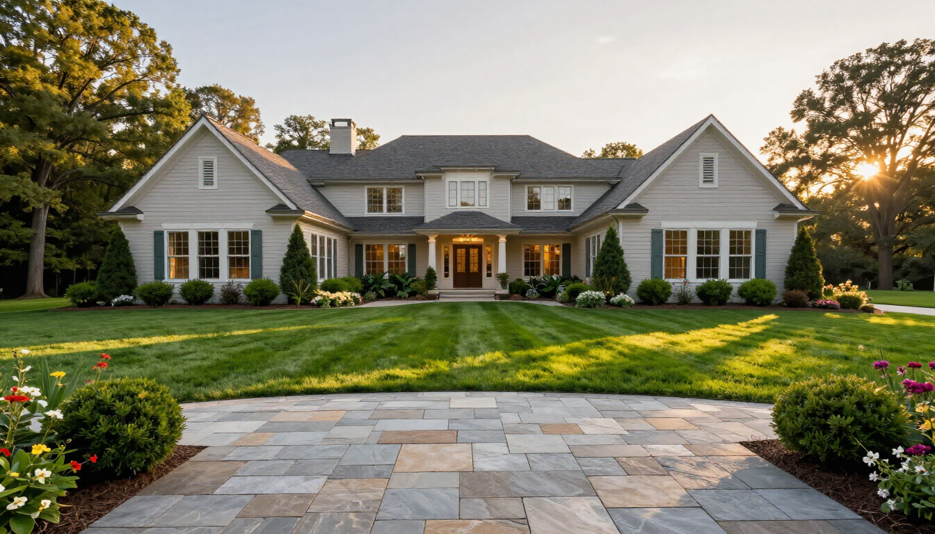 Large gray suburban house with a manicured lawn, stone walkway, and warm porch lights at sunset Large gray suburban house with a manicured lawn, stone walkway, and warm porch lights at sunset
