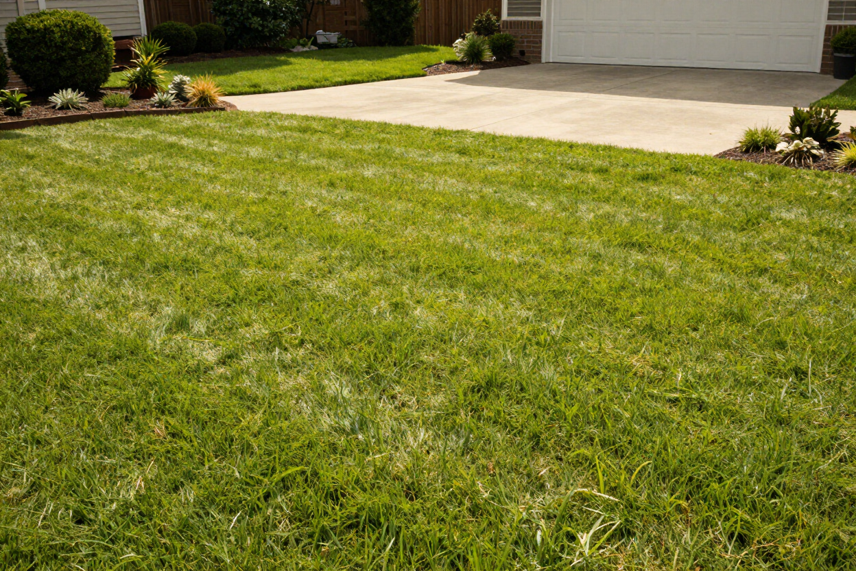 Front yard lawn with a driveway, garage, and landscaped flower beds in sunlight Front yard lawn with a driveway, garage, and landscaped flower beds in sunlight