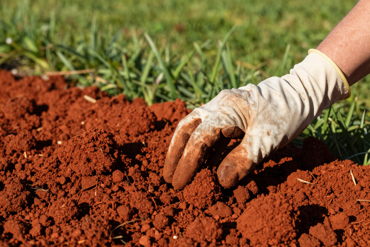 Gloved hand digging in red soil beside green grass Gloved hand digging in red soil beside green grass