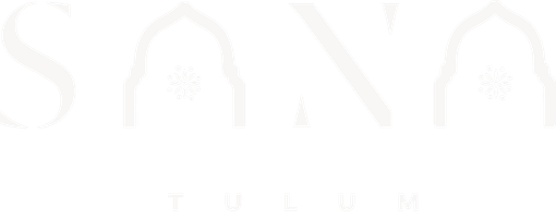 Sana Tulum logo in white: text with decorative arched elements, and 