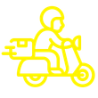 a delivery man is riding a scooter with a bag on the back .