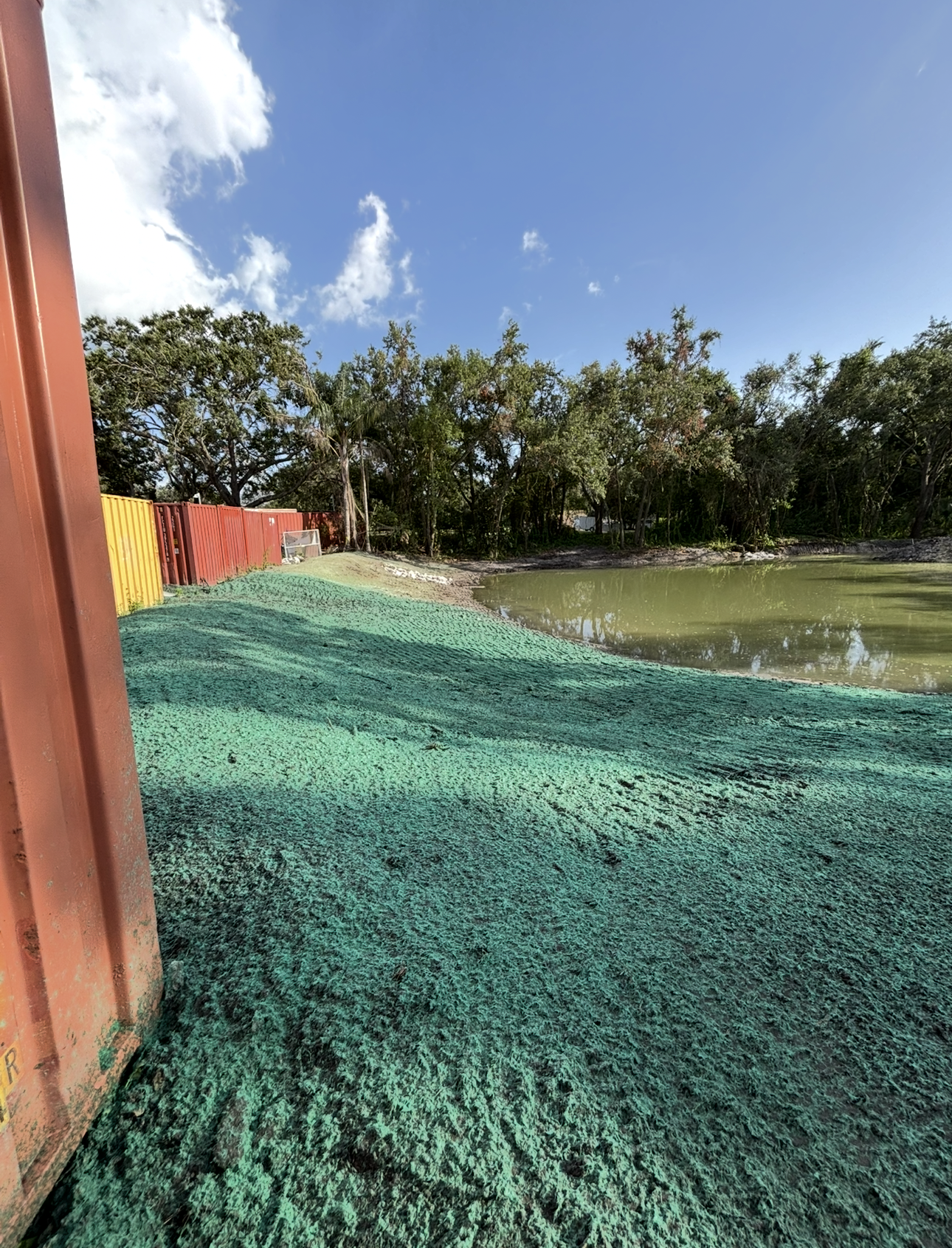 Green material next to a pond, trees in the background, orange construction container in the foreground, blue sky.