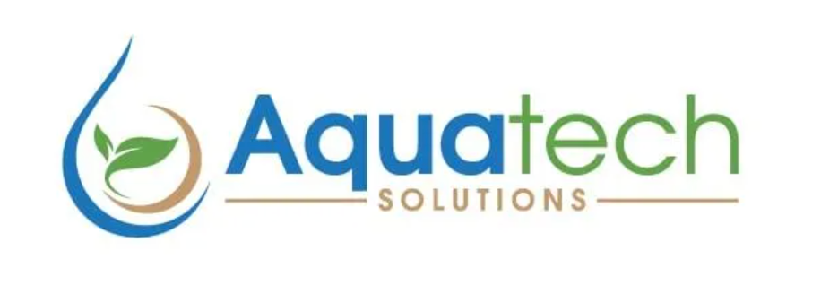 Aquatech Solutions logo: Blue water droplet with a leaf, blue and green text.