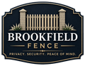 Brookfield Fence Logo with Black and Gold Sign Emblem, Fence Graphic, Stone Pillars, Landscaping, Tagline, and Company Name