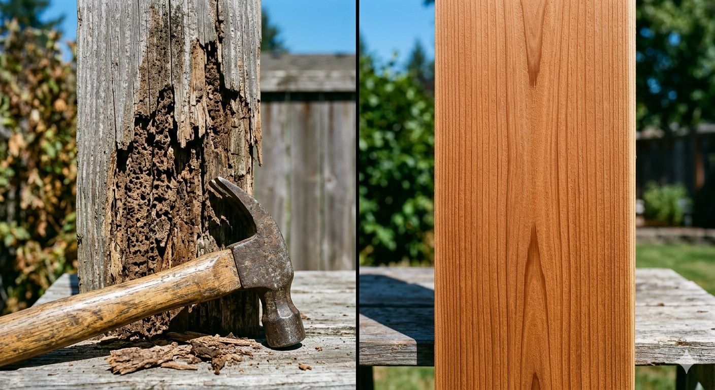 Close-up of a damaged wood fence board with dry rot next to a pristine new cedar board