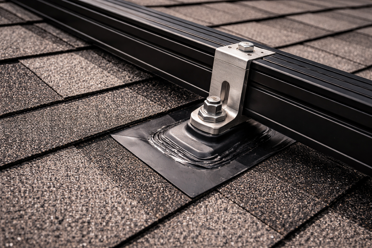 A black metal solar panel rail is mounted to a shingled roof using a silver metal bracket and a waterproof flashing seal.