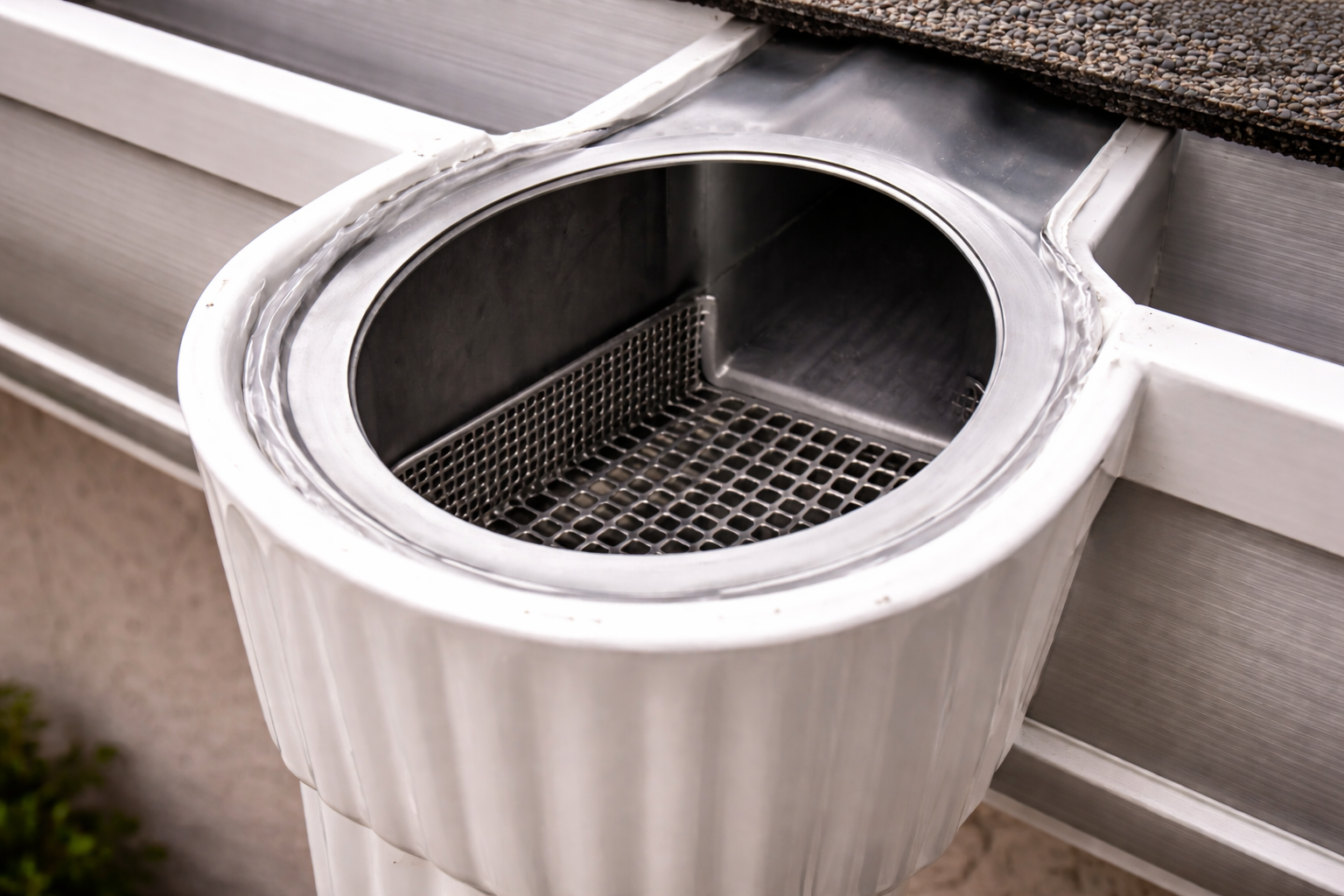 A metal gutter debris filter inserted into a white gutter downspout connection near a residential roof.