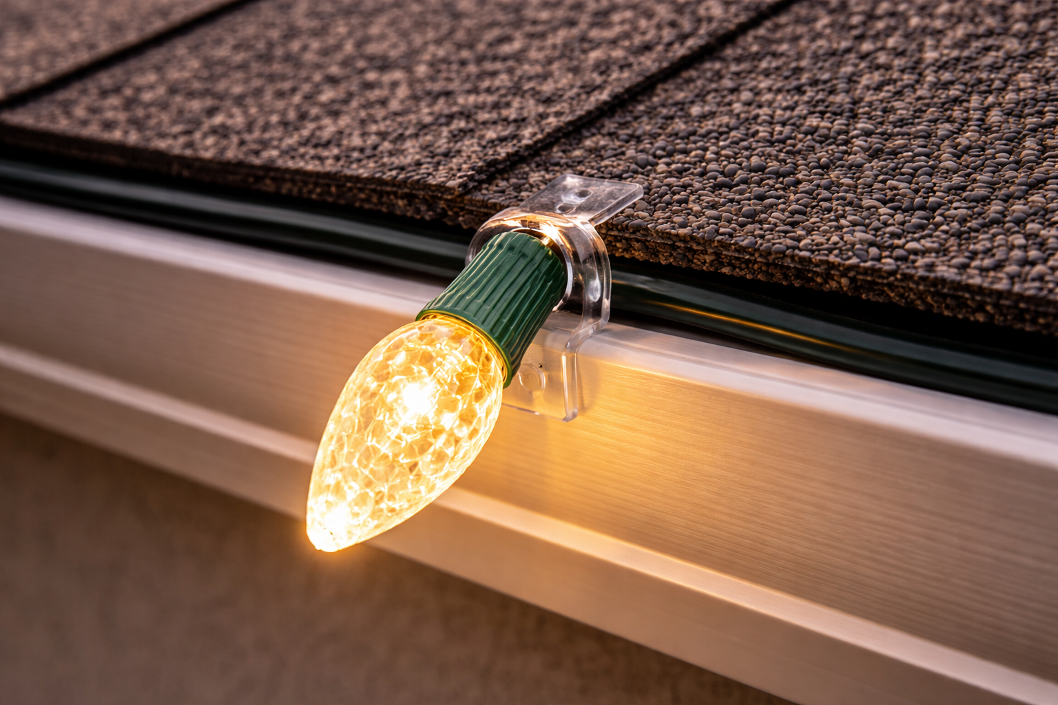 A glowing yellow holiday light bulb secured to a white gutter edge with a clear plastic clip on a shingled roof.