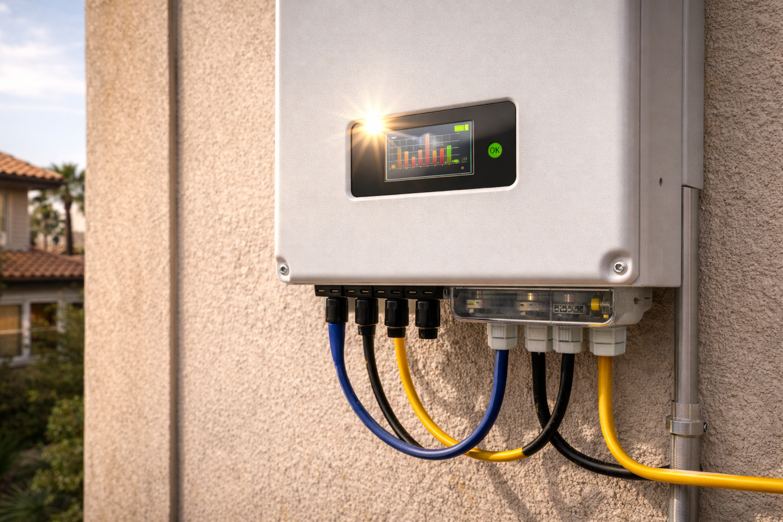 A solar inverter mounted on an exterior wall with a digital display and several thick, multi-colored electrical cables.